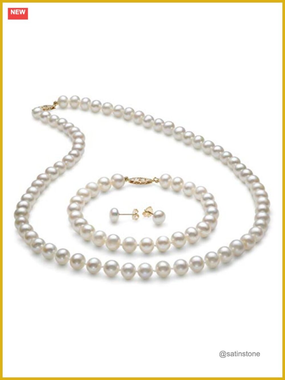 14K Yellow Gold Freshwater Pearl Jewelry Set Necklace Bracelet Earrings